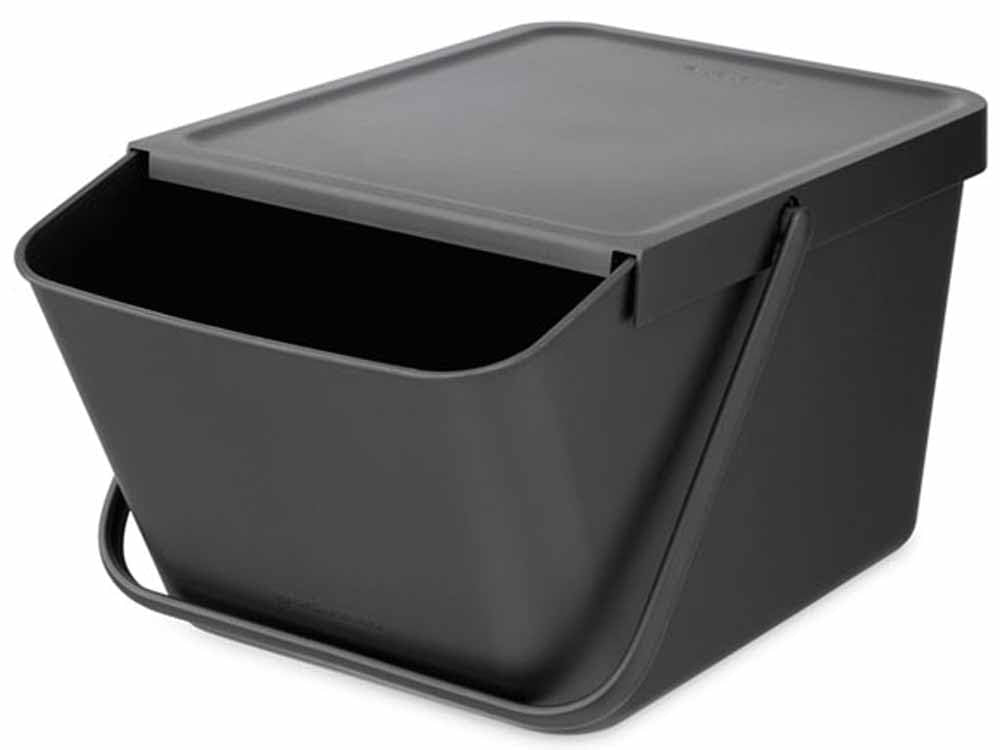 Brabantia Sort & Go Stackable 5.3 Gallon Recycling Wastebasket (Dark Gray) Flat Top Trash Can With Carry Handle, Storage Bin, Pa
